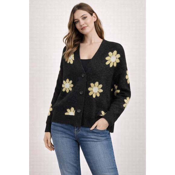 Chelsea & Theodore Sweaters - Chelsea and Theodora Black Daisy Floral Button Front Cardigan Sweater Small